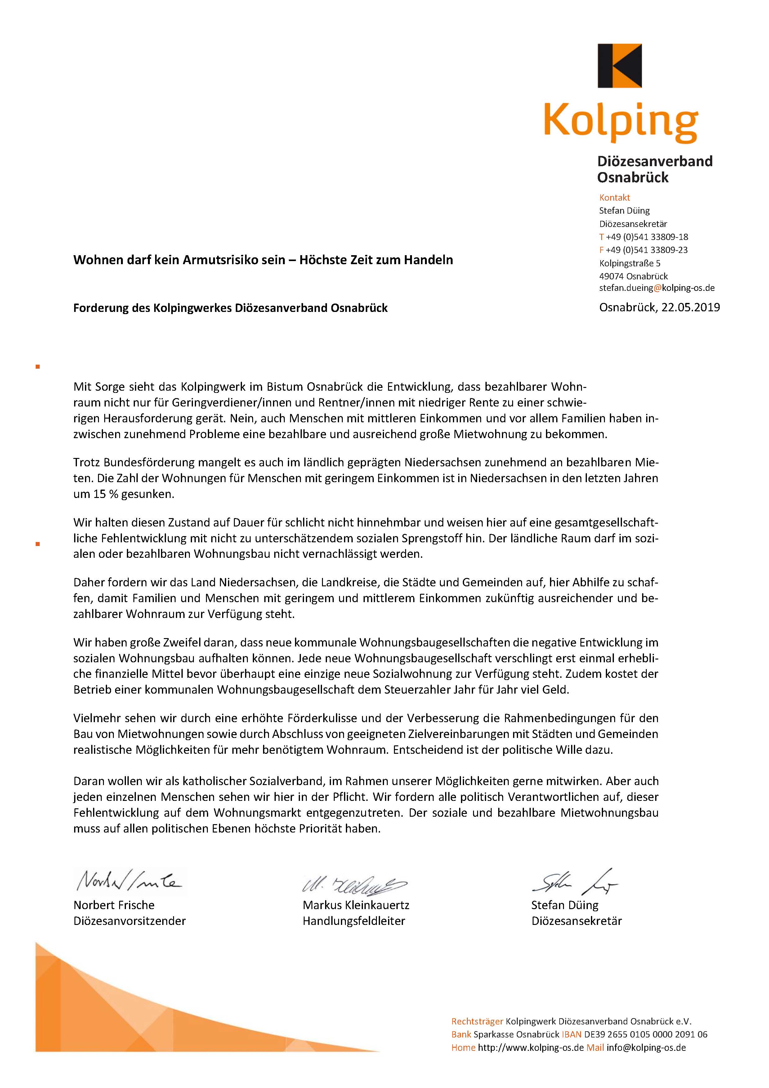 Stellungnahme "Wohnen" des Kolpingwerkes Diözesanverband Osnabrück